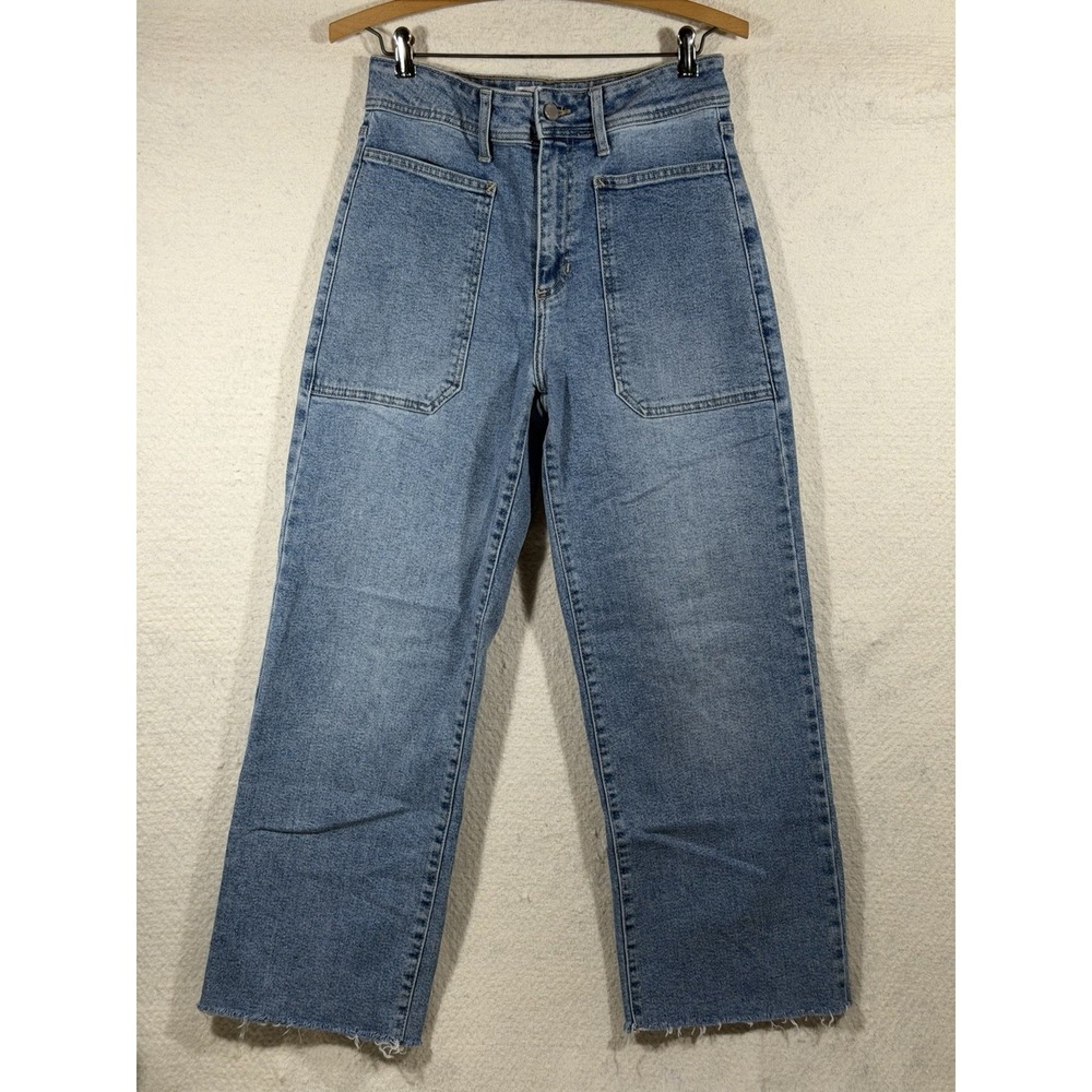 Just Black Denim Womens 27 Patch Pocket Wide Leg Jeans Raw Hem Boho Retro
